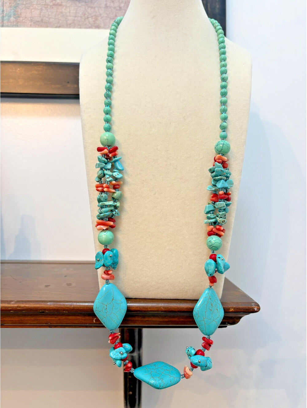 Long Red Faux Coral and Turquoise Chip Howlite Necklace Native Boho 30"